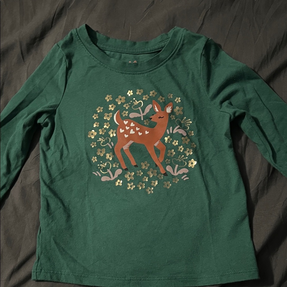 Cat & Jack Forest Green Long Sleeve Tee with Deer Design